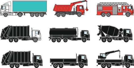 Collection of heavy-duty trucks including cargo, dump, fire engine, garbage truck, tanker, cement mixer and crane vehicle for industrial transport illustrations © Hasem Creative
