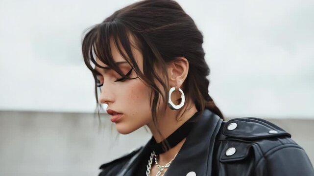 Young woman profile with hoop earring leather jacket and choker edgy chains exuding moody side view
