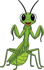 Cute and cheerful green praying mantis cartoon character standing with a happy smile,