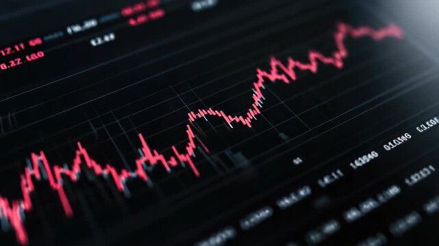 Red stock chart finance market trading graph showing volatile financial trend and upward momentum