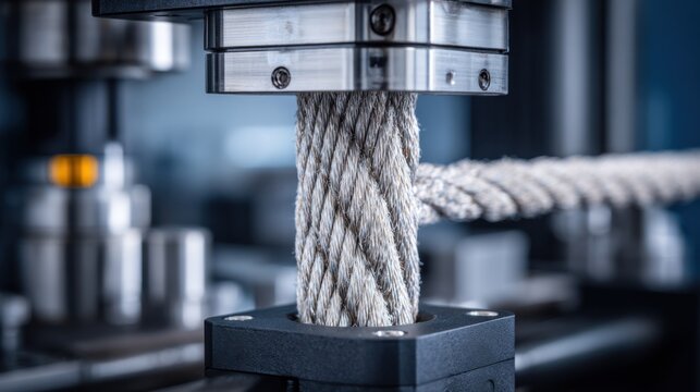 Medium shot focusing on a highload tensile test machine applying gradual force to a thick wire to evaluate its durability and tensile properties.