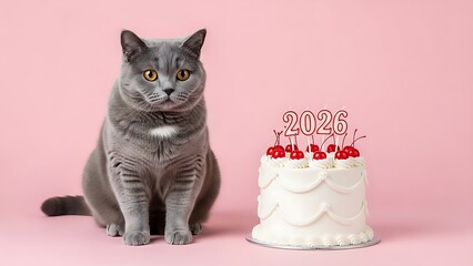 Cute grey british shorthair cat sitting next to 2026 birthday cake on pink background studio shot