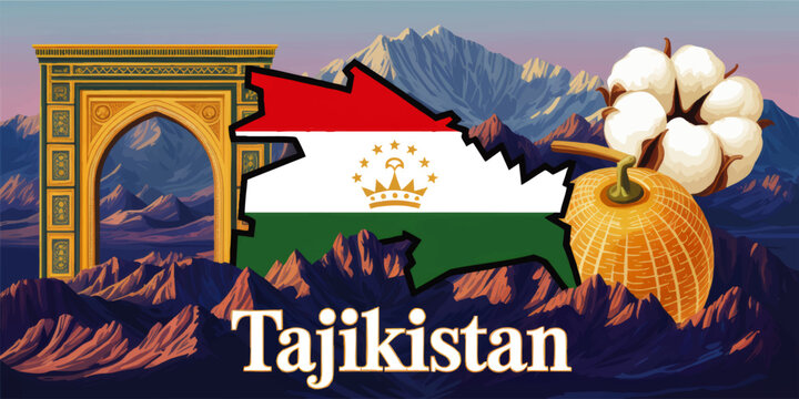 Tajikistan vector illustration with map flag, mountains, Ismail Somoni monument arch, cotton and melon symbols, colorful travel design