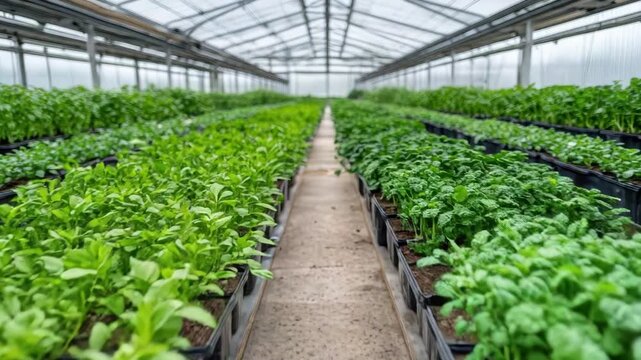 Greenhouse trays of basil seedlings thriving nursery propagation rows with lush plant growth