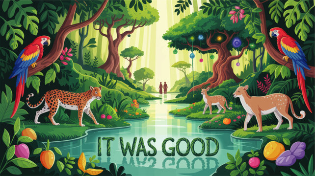 Lush paradise garden with wild animals and tropical river, Adam and Eve silhouettes, vibrant fantasy nature illustration