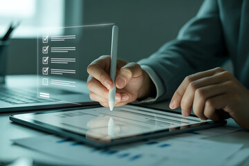Person using a tablet with a digital checklist and data analysis on screen