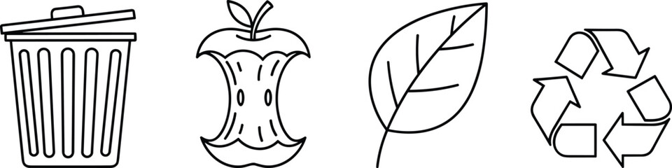 Set of eco-friendly waste icons including trash bin, apple core, leaf and recycling symbol for sustainability, environment, and zero-waste design projects