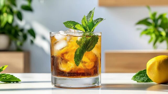 Iced tea lemon cocktail with mint garnish glass and ice. refreshing bright citrus iced lemon tea