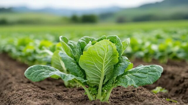 Lush green cabbage plant and leafy green vegetable seedlings growing fertile farm field soft