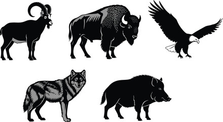Wild animal illustration set featuring wolf, bison, eagle, boar and mountain goat in detailed black graphic style for nature and wildlife projects