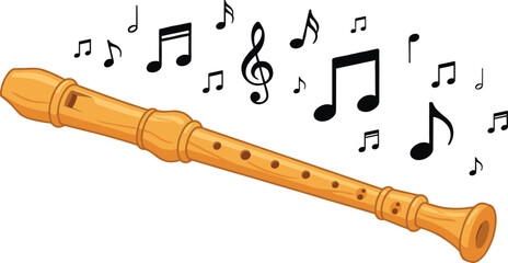 Cartoon wooden recorder flute illustration with musical notes symbol for kids music education isolated on white background vector © LT studio