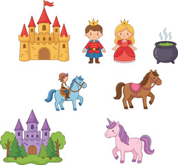 Fairy tale vector, cartoon castle, prince and princess, unicorn illustration, magical scene, fantasy elements, cad drawing flat vector illustration