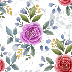 Vintage vector seamless floral pattern with pink rose flowers, leaves, and buds illustration