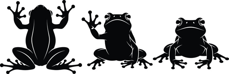 Frog silhouette vector set, amphibian wildlife illustration, cute frog sitting poses for nature, rainforest biology, animal education and kids design