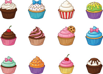 Twelve decorated cupcakes with unique frosting styles, toppings and colors arranged in grid, festive dessert illustration for bakery and party themes