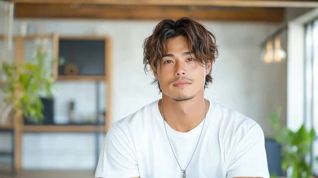 Handsome male adult asian with brown hair stubble smiling softly casual white t shirt and pendant