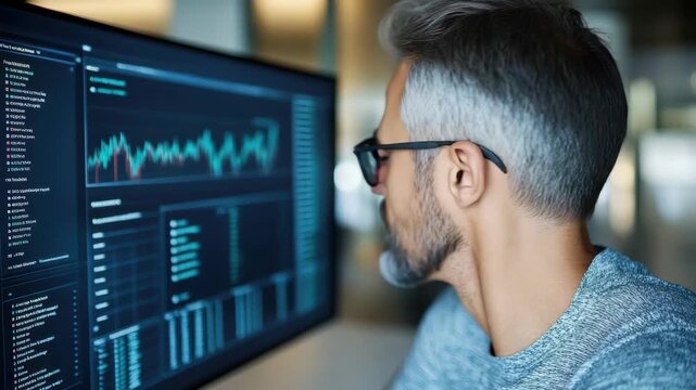 Experienced man with glasses analyzing financial chart and data computer monitor, experienced data