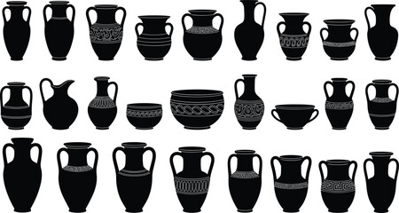 Ancient Greek and Roman Pottery Vases, Black Silhouette Vector Set of Amphorae, Kraters, Hydrias, and Jars, Historical Ceramic Artwork and Archaeological Artefacts Collection, Culture and History. © MdMohibul