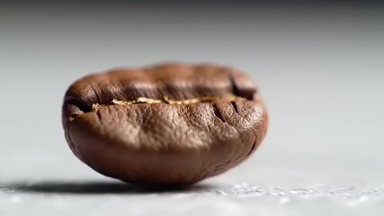 Close-up Macro Shot of a Single Roasted Coffee Bean on a Textured Surface.