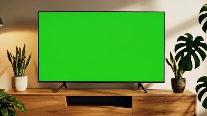 High-quality static shot of a modern flat-screen tv displaying a bright green chroma key for content insertion, set in a warm, sunlit living room.