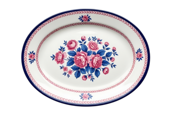 Antique oval platter with pink roses and blue green foliage