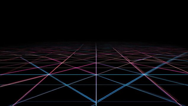 Abstract perspective view of a gridded network, featuring glowing pink and blue lines