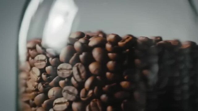 Close up of roasted coffee beans in a glass jar.