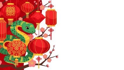 Chinese New Year Snake Celebration Art with Lanterns and Flowers