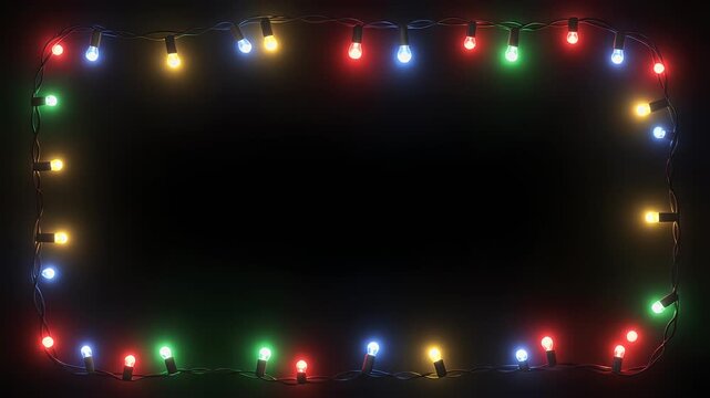 Christmas festive fairy lights festoon coloured flashing chaser party lights border margin frame with plain black background that can be made invisible using screen blending mode 4K animation