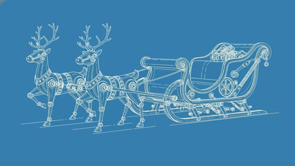 Festive Sleigh and Reindeer Blueprint Design for Holiday Season