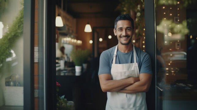 Portrait of a happy owner standing at the door of cefe shop, a cheerful adult waiter waiting for customers at a coffee shop, successful small business owner, professional, service