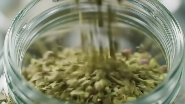 Close-up of dried oregano being poured into a clear glass jar, showcasing the aromatic herbs texture and vibrant green color, perfect for culinary and seasoning themes.