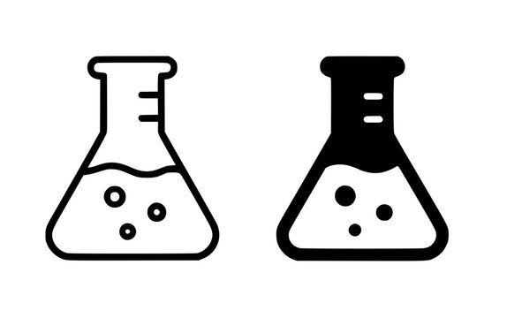 Icon for education, erlenmeyer flask illustration, black and white, outline and silhouette versions