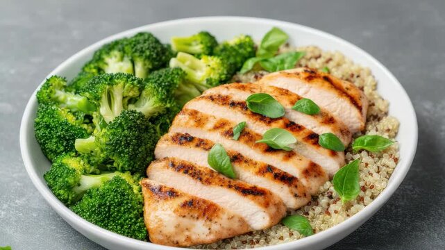 Grilled chicken breast quinoa bowl with steamed broccoli fresh basil garnish healthy meal