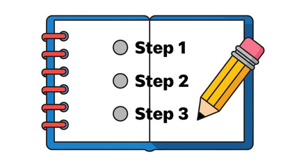 step by step checklist in open spiral notebook with pencil simple flat illustration template for workflow planning and task management