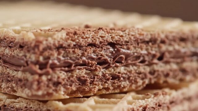 Closeup of a delicious chocolate wafer cake with multiple layers of creamy filling.