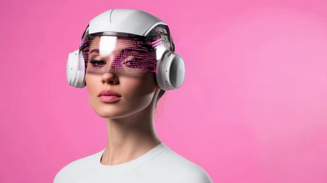 Futuristic woman headset augmented reality visor technology with pink glow sleek stylish calm