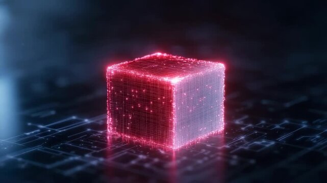 Glowing red holographic cube circuit board with digital circuit sparkles futuristic cube glowing