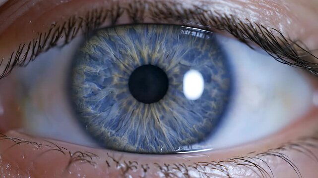 Extreme Close Up Of A Blue Iris With Intricate Details And Fine Lashes In Soft Natural Light
