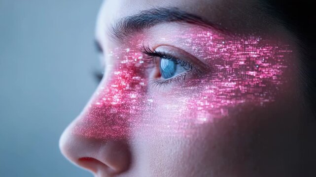Close up portrait face with closed eye and pink digital particles across cheek and skin