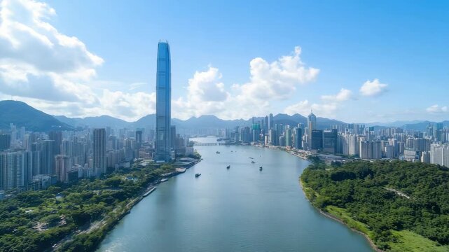 Skyscraper river skyline modern city waterfront with highrise tower lush verdant shore bright sky