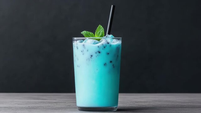 Blue mint iced drink in glass with straw and ice, refreshing turquoise mint cold beverage
