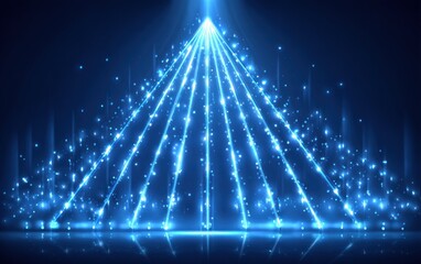 Illuminated, converging blue light beams with sparkling particles on dark background