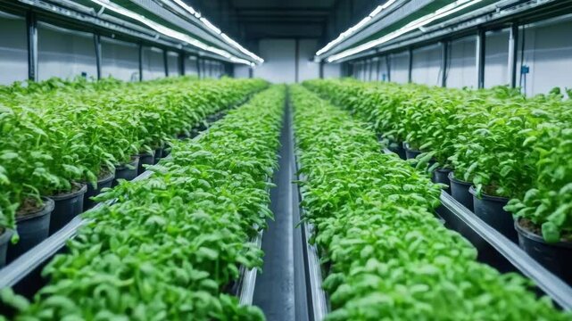 Indoor basil nursery greenhouse lush herb seedlings serene indoor hydroponic rows soft LED lighting