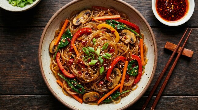Korean Japchae Noodles with Colorful Vegetables