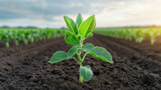 Young plant seedling sprout in fertile soil at sunrise agriculture farm hopeful growth motion