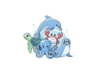 Marine life cartoon characters including a dolphin, octopus, turtle, crab, and seal, presented as a cute collection of icons