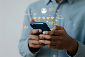 Closeup of a person holding a smartphone, with glowing stars indicating a high customer rating
