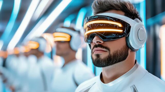 Futuristic man wearing virtual reality headset with glowing visor and headphones immersive neon