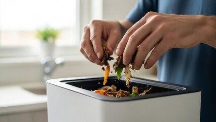 Man Composting Kitchen Scraps Indoors